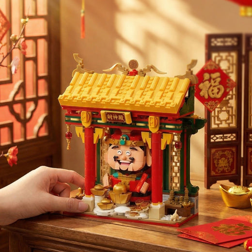 Chinese Wealth God Shrine desktop building set displayed in a warm festive scene