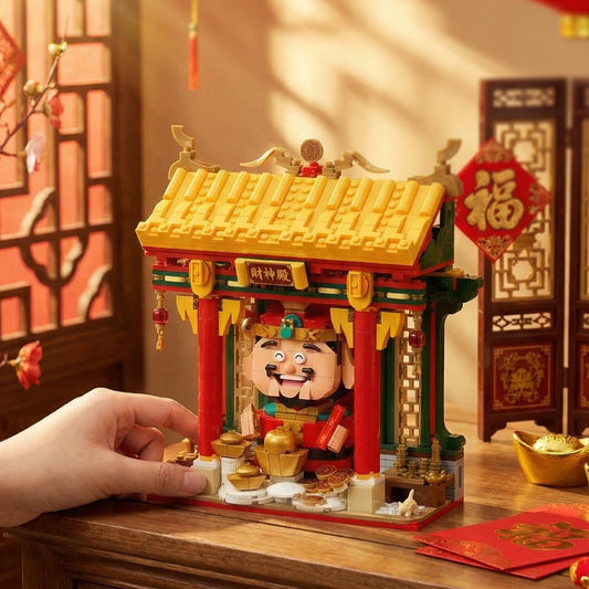 Chinese Wealth God Shrine desktop building set displayed in a warm festive scene