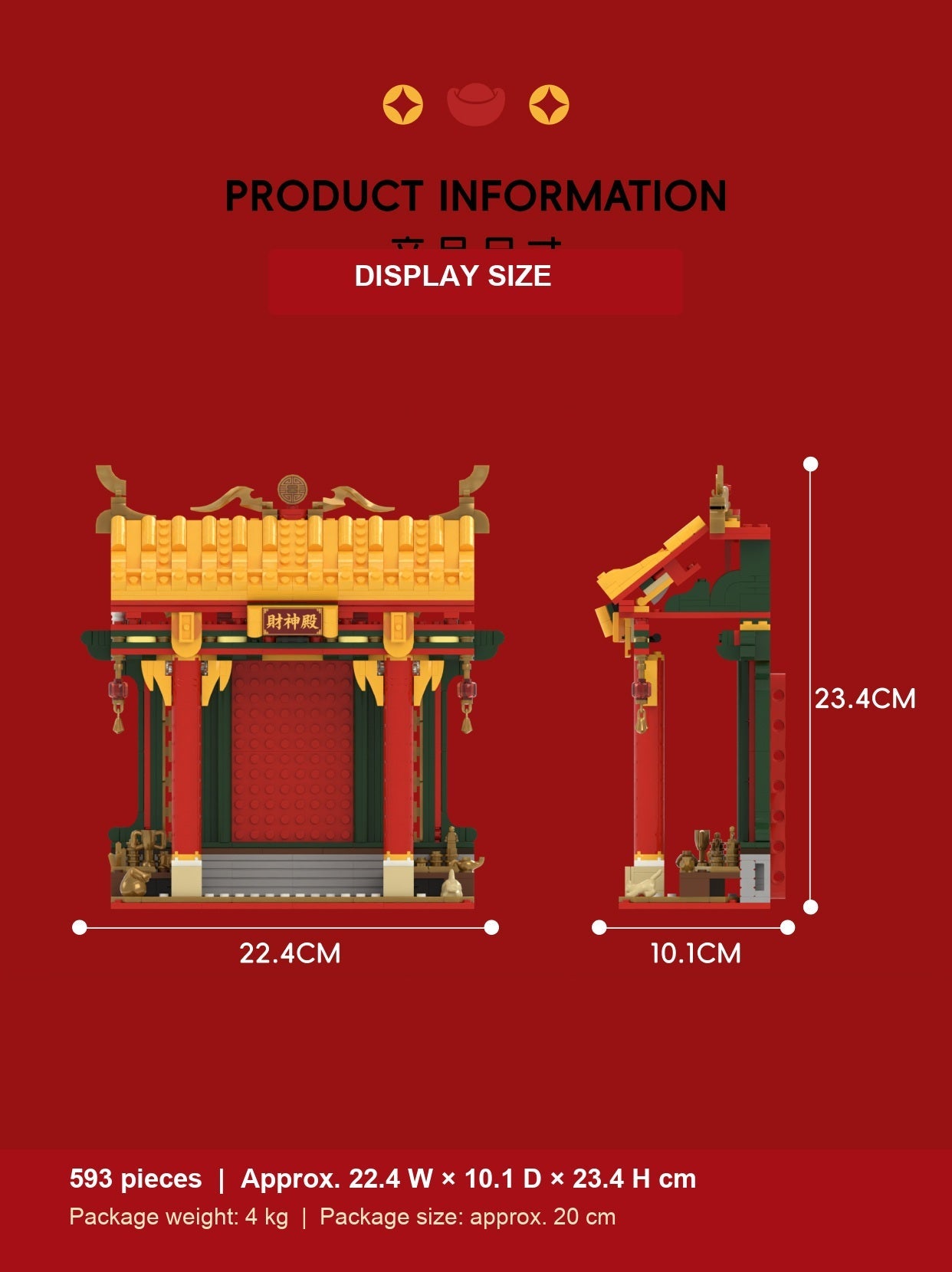 Product information image showing the shrine set dimensions and package notes in English