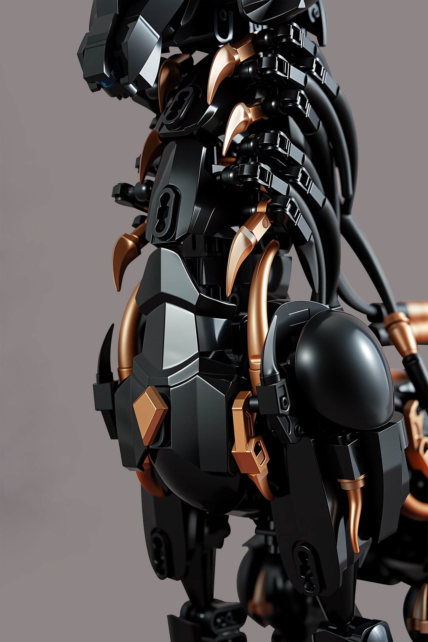 Close-up of black and copper-gold body details on the Xiezhi model