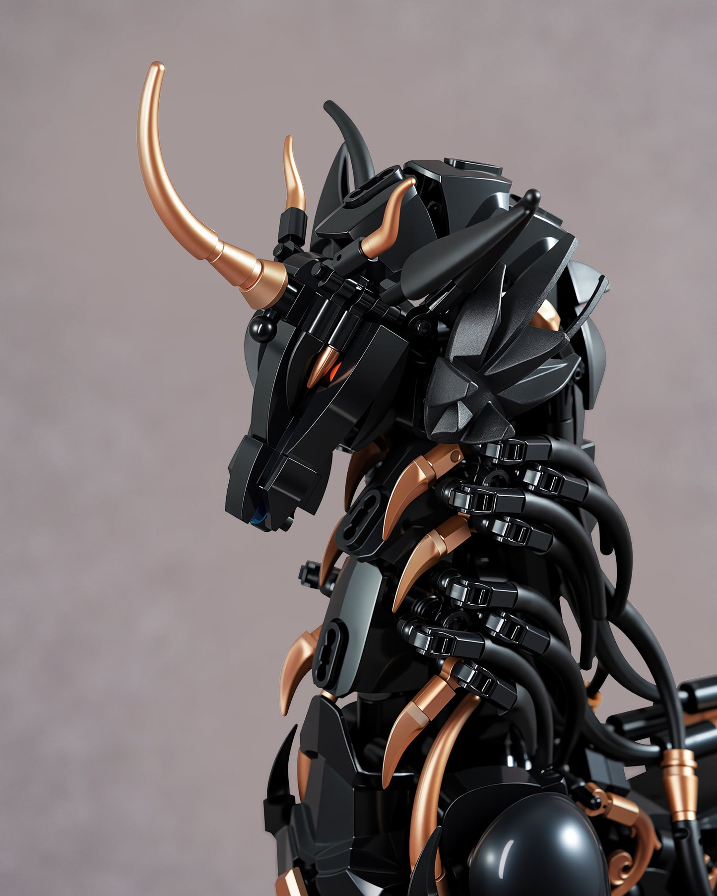 Close-up of the Xiezhi Divine Beast head, horns, and layered armor pieces