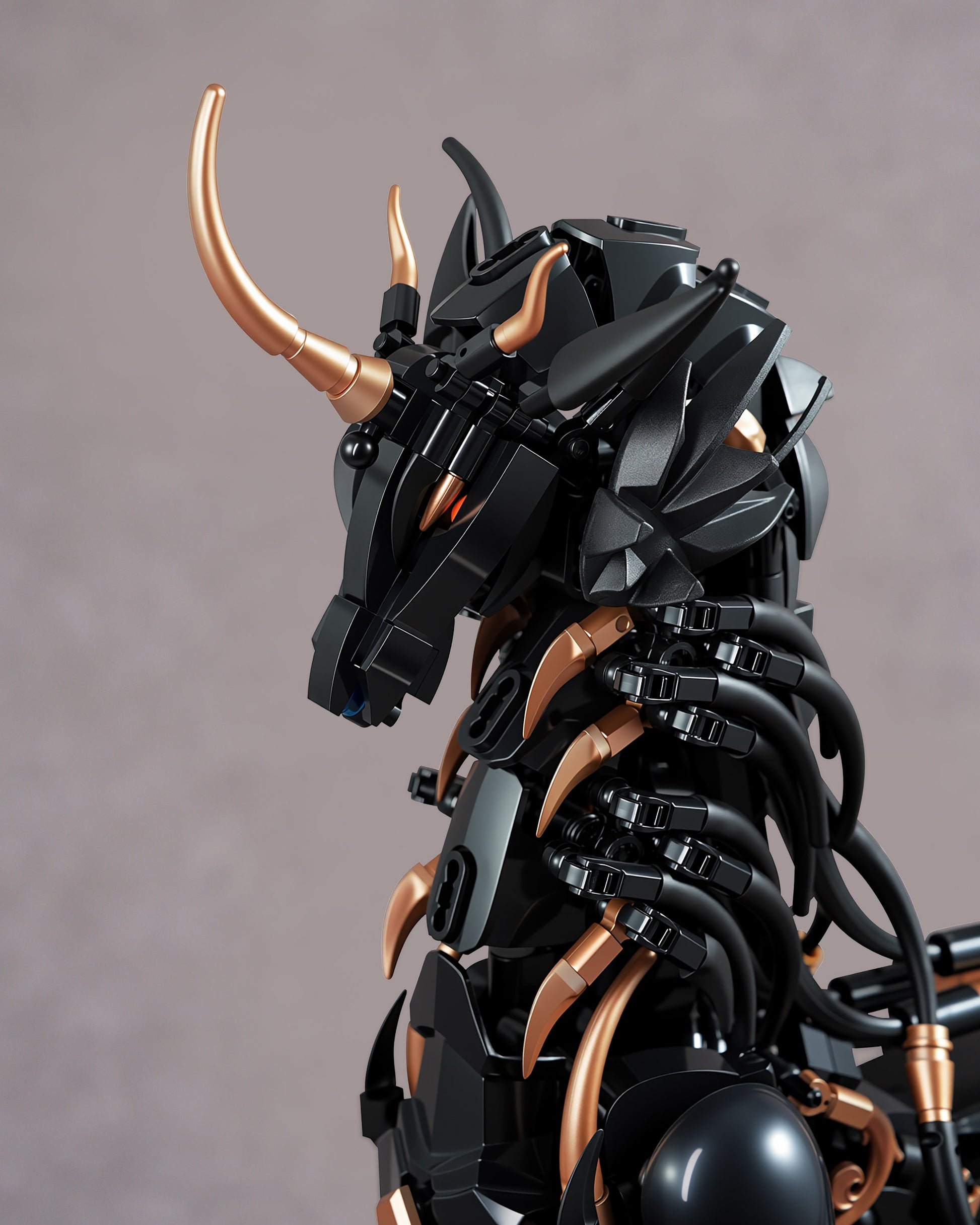 Close-up of the Xiezhi Divine Beast head, horns, and layered armor pieces