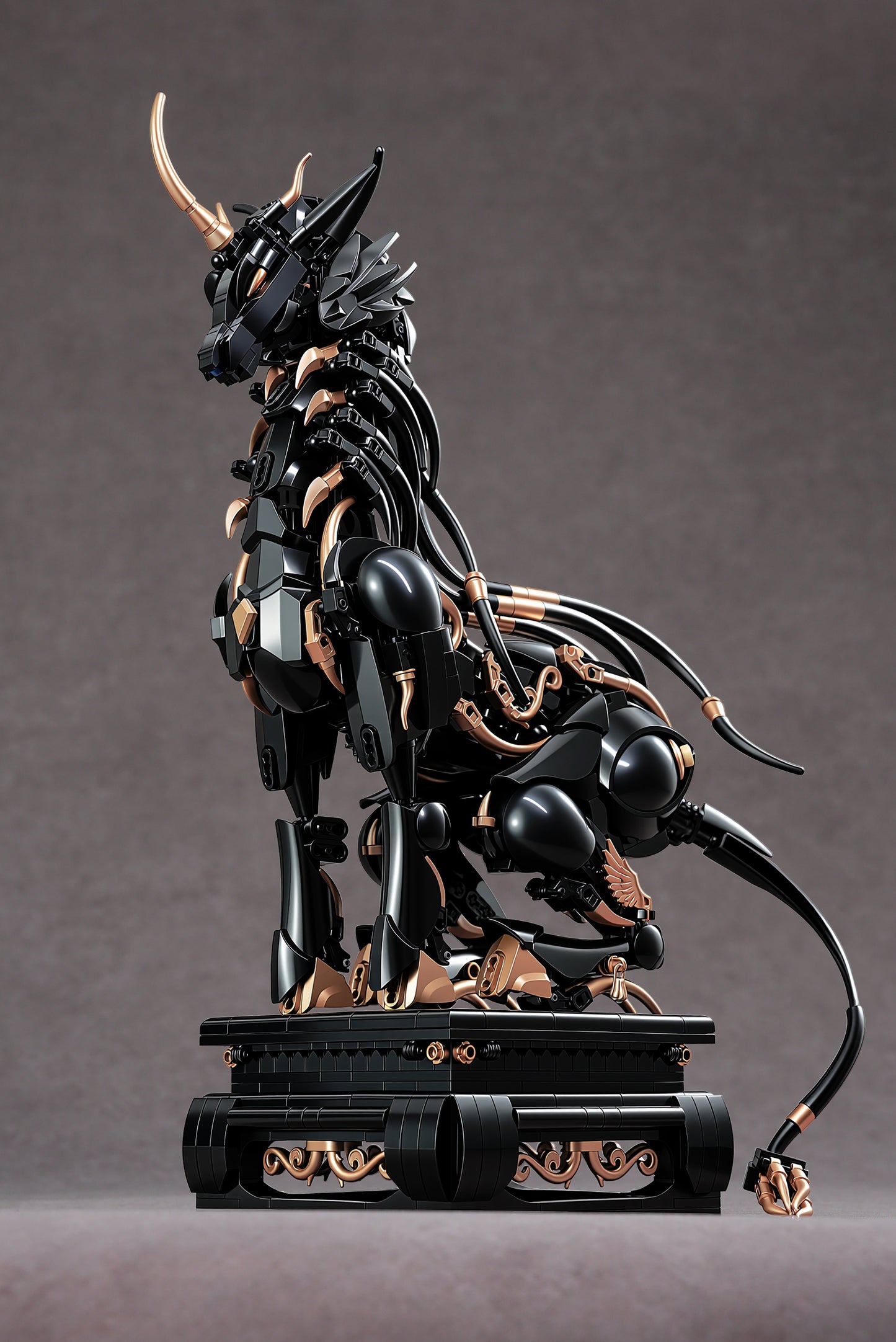 Side profile of the Xiezhi Divine Beast building set with black armor and copper-gold details