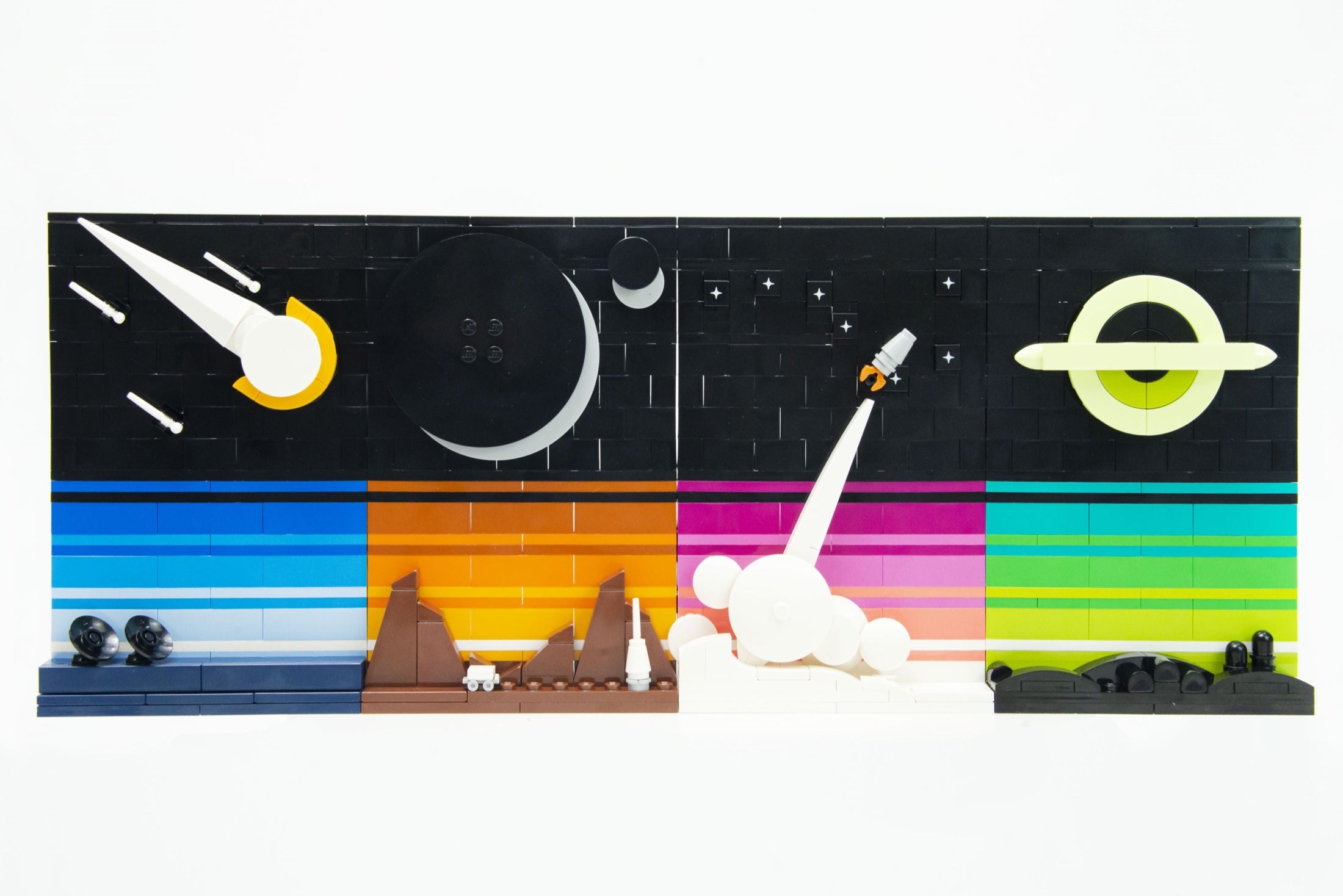 Four-panel space-themed brick artwork photographed by Cool Toys Trend