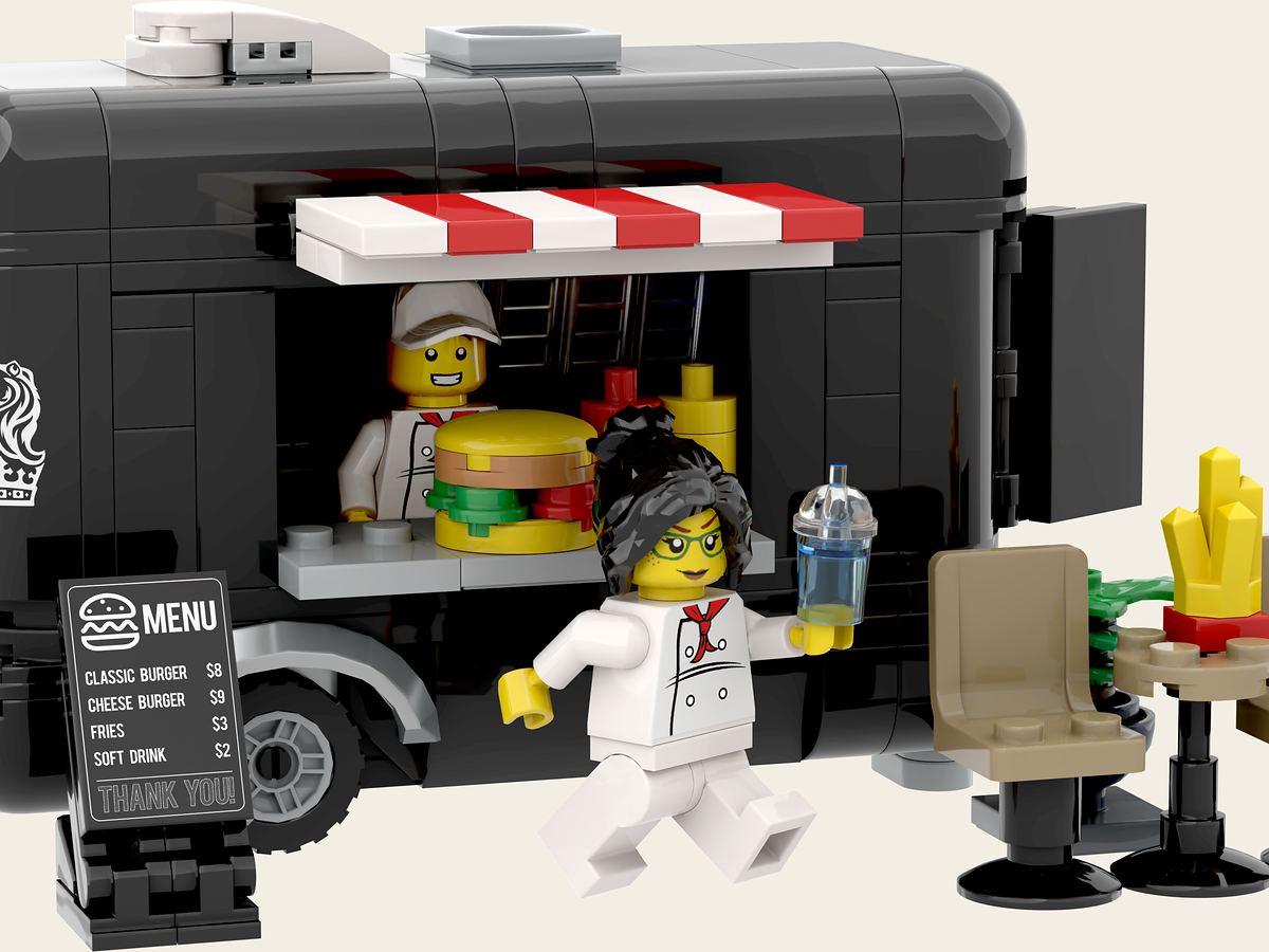 Approved 269-piece ZEST EXPRESS Brick Food Trailer Set with two hotel team characters and café seating