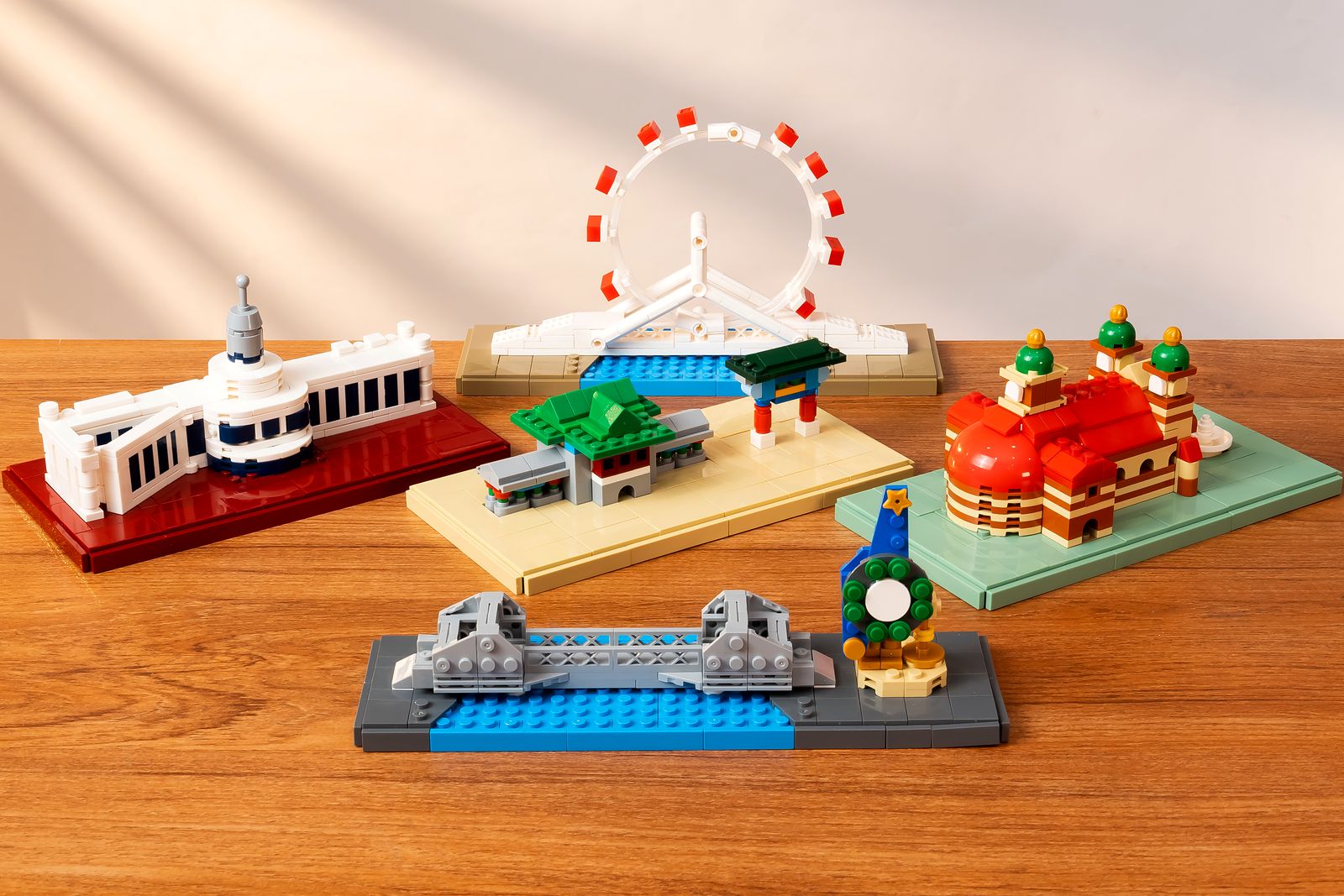 Five finished Tianjin landmark building-block models arranged as one collectible city series
