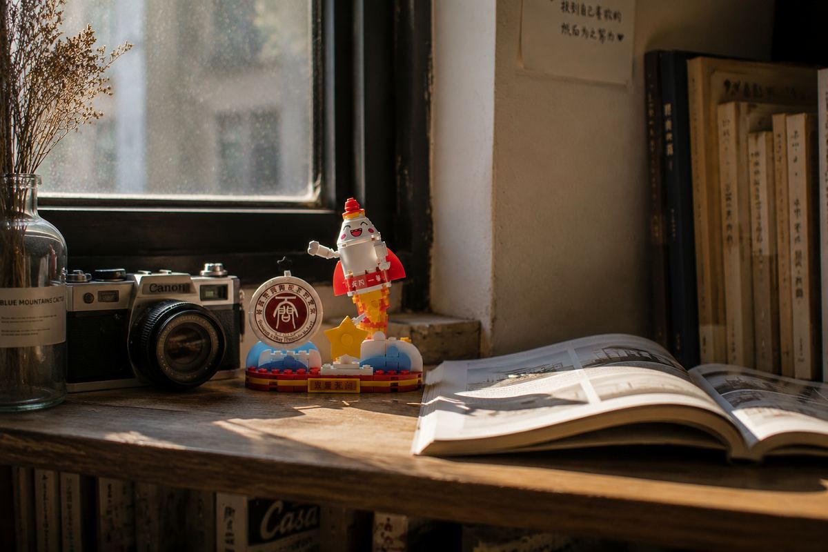 Tianwen No. 1 mascot building set shown in a bright student desk setting