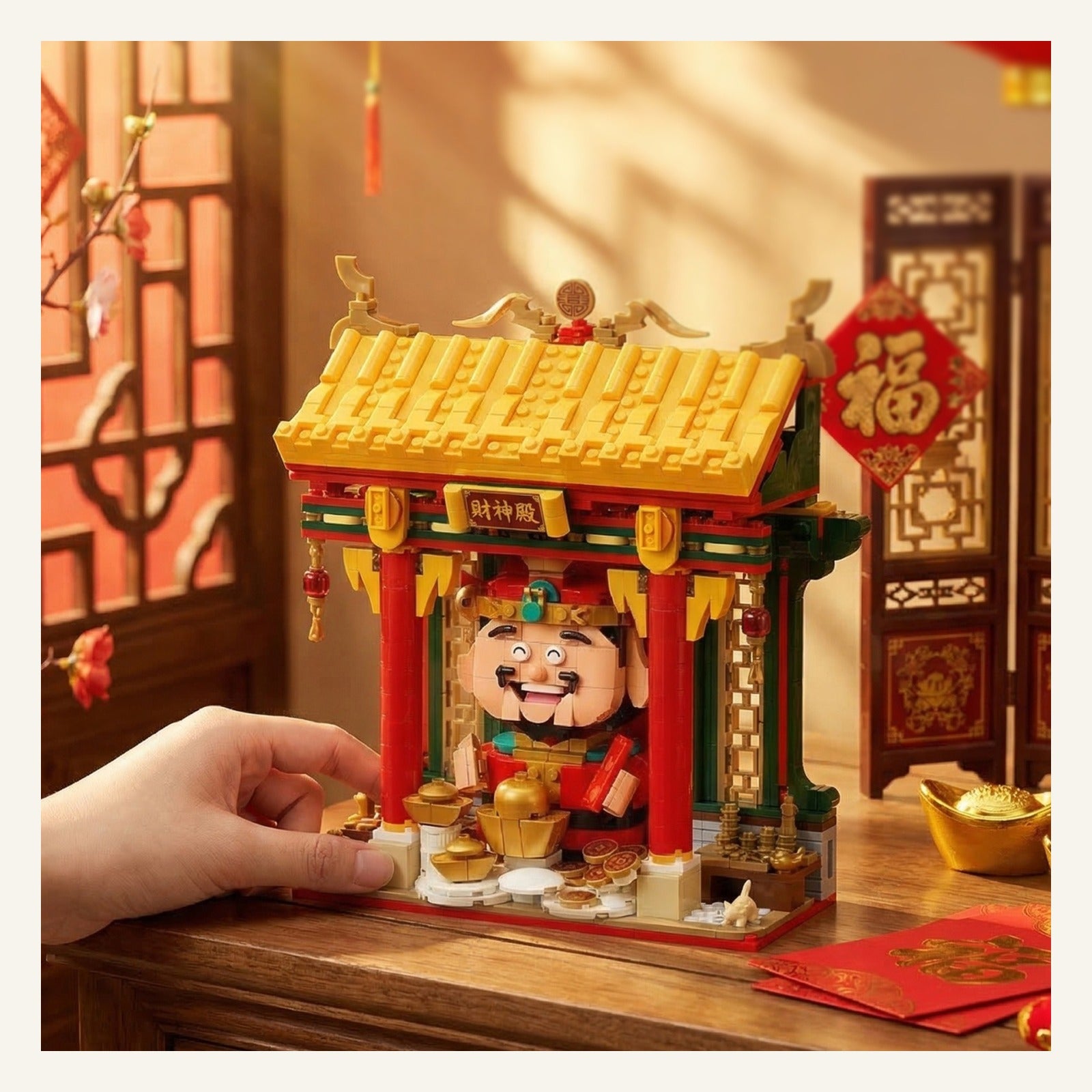 Chinese Wealth God Shrine desktop building set displayed in a warm festive scene