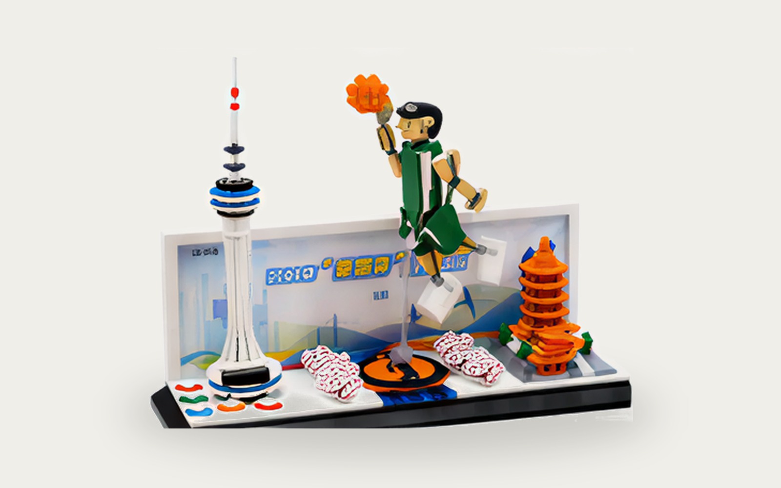 Basketball player and city landmarks arranged on a commemorative display base