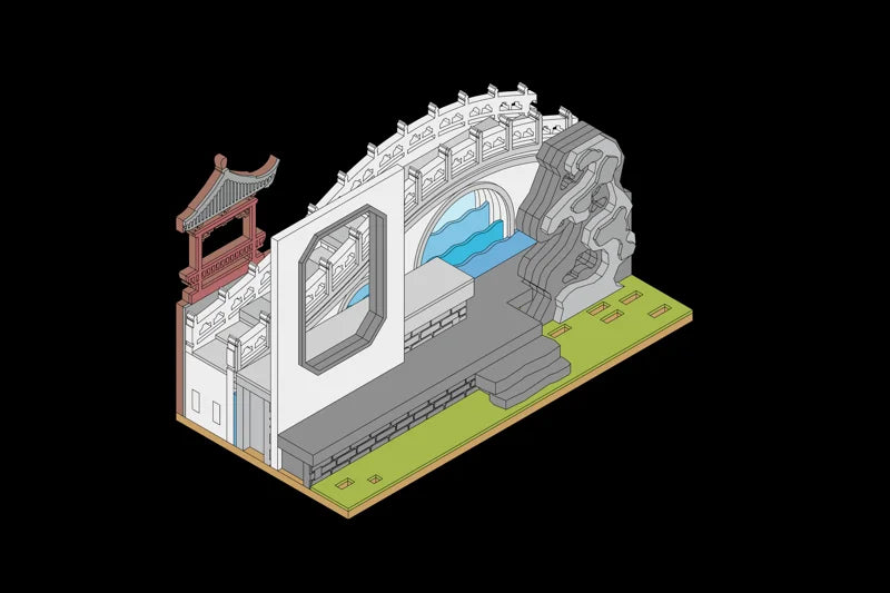 Exploded component drawing of a garden wall and moon gate