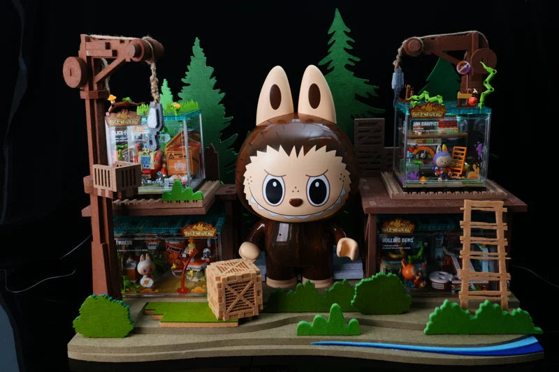 Woodland display surrounding collectible figures and transparent product boxes