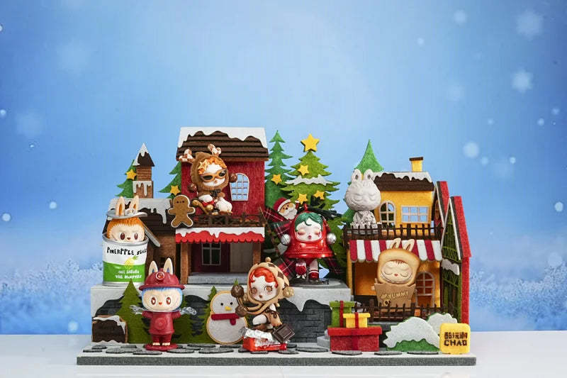 Seasonal collectible scene with a miniature house and snowy trees
